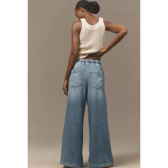 New Anthropologie Pilcro Drawstring Pull-On Wide-Leg Jeans Denim Blue Large - Picture 4 of 14